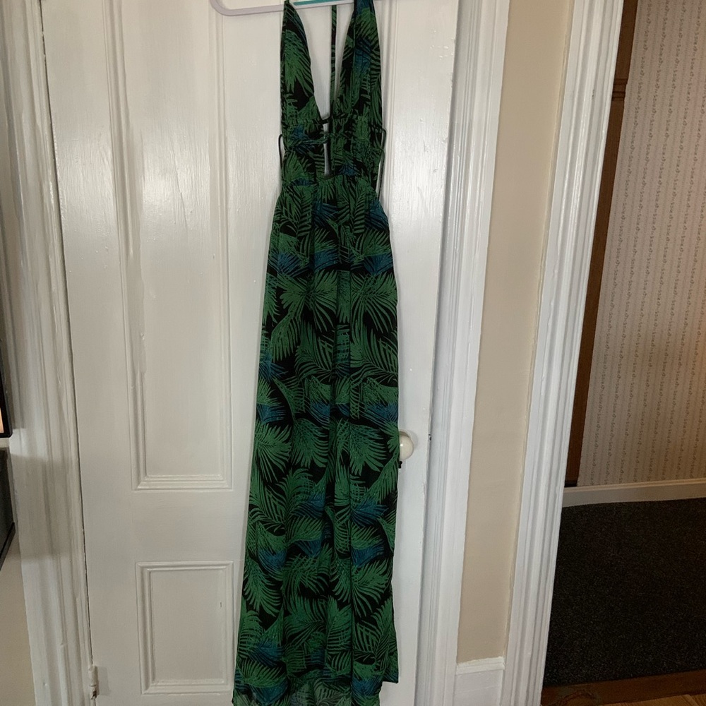 Plunge Front Palm Print Maxi Dress Leaf Green